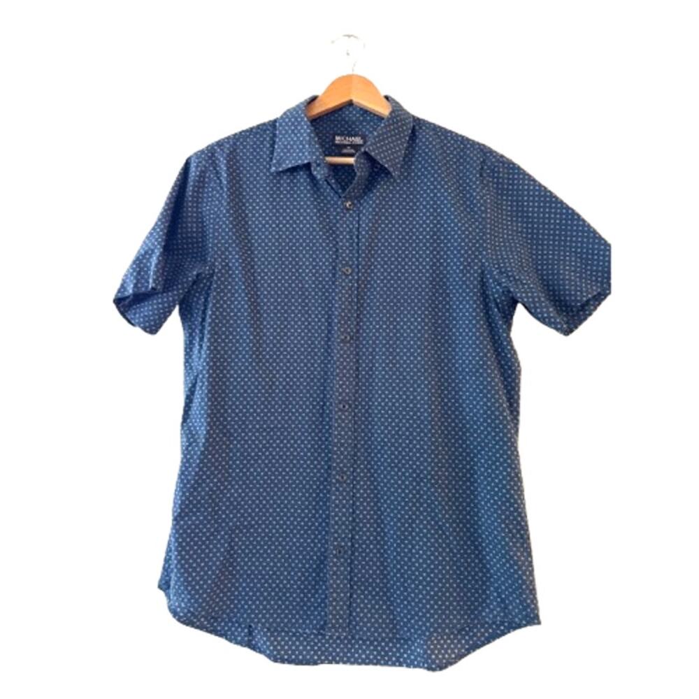 MICHAEL Kors Men's Slim Fit Button Up Shirt M Navy Short Sleeve Geometric Cotton